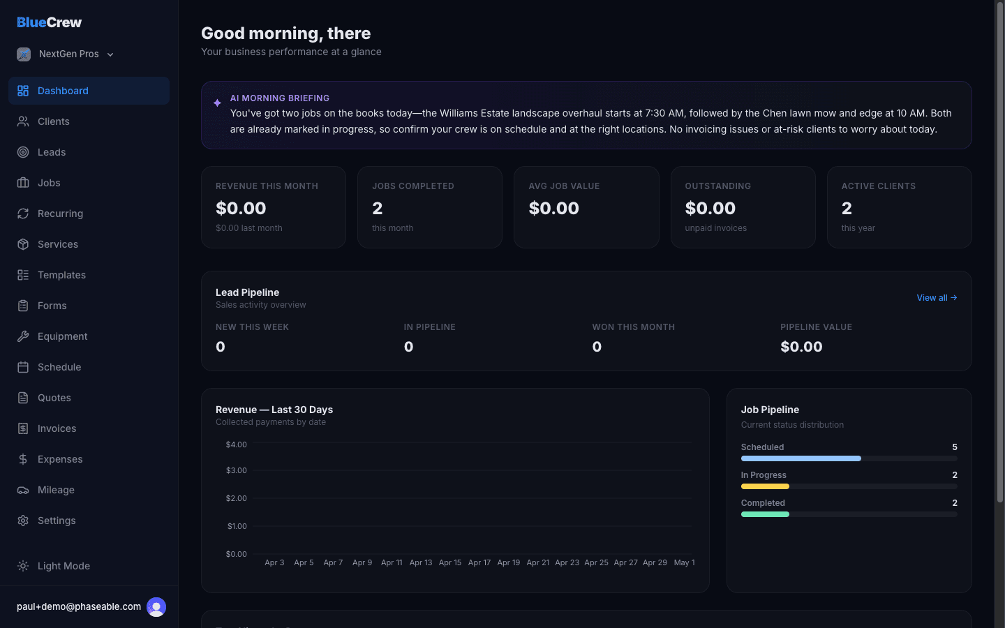 BlueCrew dashboard showing AI morning briefing, job pipeline, and revenue chart